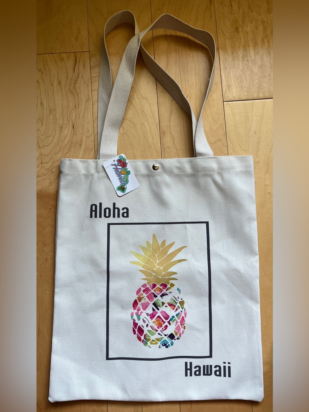 Aloha Pineapple Canvas Tote - Cream with Gold & Multicolor Pineapple